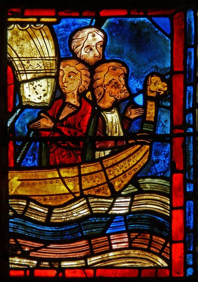 Detalj från ett fönster som visar scener från den heliga Maria den egyptiska livet av French School