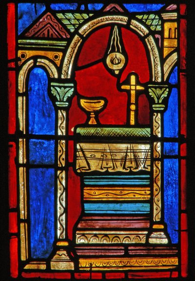 Detalj från ett fönster som visar scener från den heliga Maria den egyptiska livet av French School