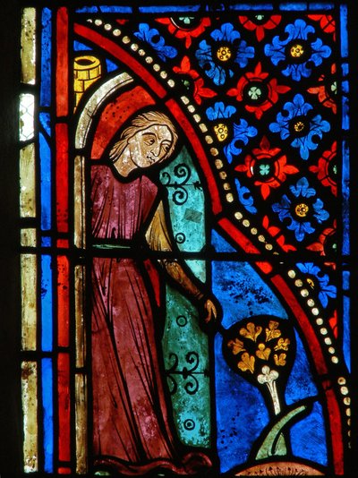 Detalj från ett fönster som visar scener från den heliga Maria den egyptiska livet av French School
