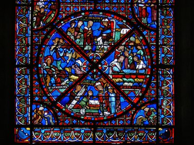 Detalj från ett fönster som visar scener ur St. Stephens liv av French School
