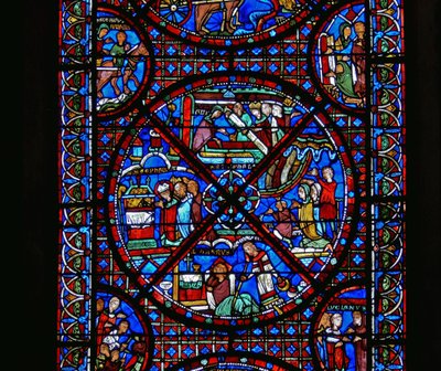 Detalj från ett fönster som visar scener ur St. Stephens liv av French School