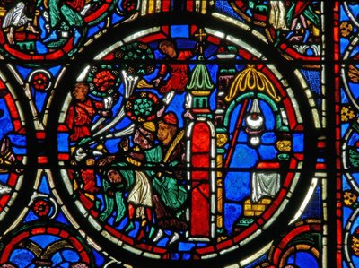Detalj från ett fönster som visar passionen: Kristus hälsas när han kom till Jerusalem av French School