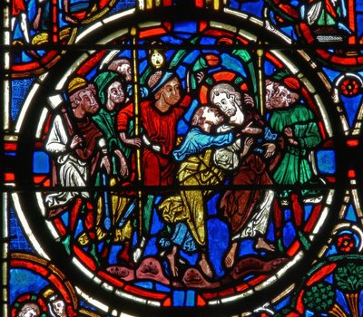 Detalj från ett fönster som visar passionen: Judas svek av French School