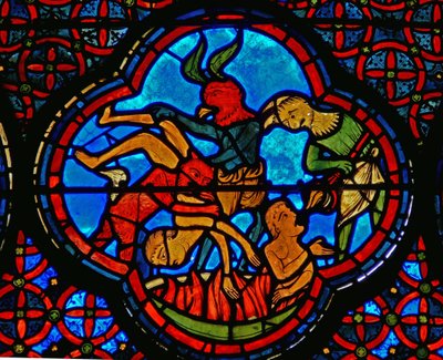 Detalj från ett fönster som skildrar liknelsen om Lazarus och Dives: den rike mannen i helvetet av French School