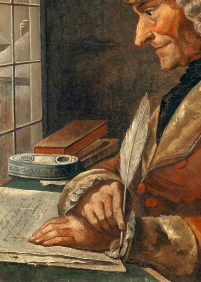 Detalj av "" Porträtt av Francois Marie Arouet Voltaire (1694-1778) i hennes arbetsskåp"" Målning från 1700-talet. Dämpa. 0,43 x 0,35 m Paris, musee Carnavalet - Porträtt av Francois Marie Arouet Voltaire (1694-1778) i hans arbetsrum. 18:e centrums målning av French School