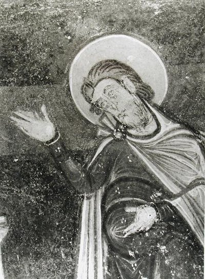Detalj av St. Savin, från en fresk som visar St. Savin och St. Cyprien som levereras från bestarna, c.1100 (fresk) (s/v foto) av French School