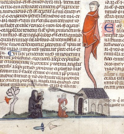 Detalj av en bas-de-page-scen av en eremit som sitter utanför en krog och dricker öl, ca 1300-40 (bläck på pergament) av French School