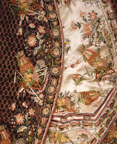 Detalj av en magnifik kostym av brunskuren sammet, bestående av kappa, byxor och midja av elfenbensatäng broderad en-suite, ca 1760 av French School