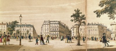 Detalj av ett panorama av Boulevard des Italiens, c.1840 (färg litho) av French School