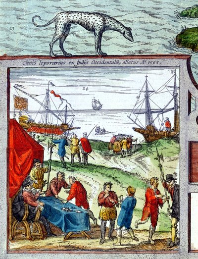 Detalj av en vy av hamnen i Cadiz som visar handel med Västindien av French School