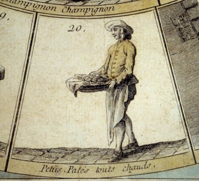 Detalj av spelet av Cree of Paris gås: köpman av het liten pasta. Gravyr av 1700-talet. Coll. Avvika. av French School