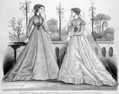 Två brudtoaletter från Madame Fladry - i ""La Mode illustrée""" av 1867-09-29. av French School