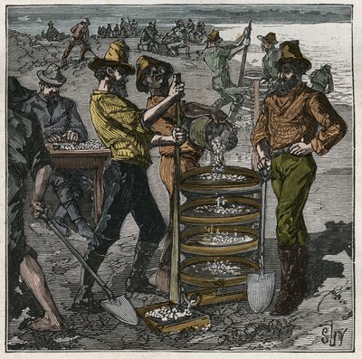 Diamanttvätt i Sydafrika på 1800-talet. Gravyr från 1885 i "" Les arts et metiers illustres"" av Adolphe BITARD. av French School