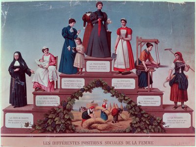 Kvinnors olika sociala positioner, sent 1800-tal (färggravyr) av French School
