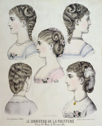 Olika frisyrer, tallrik från Le Moniteur de la Coiffure, 1880 av French School