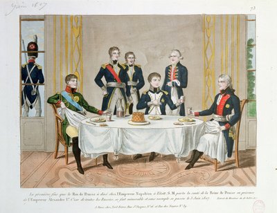 Middag i Tilsit mellan Fredrik Vilhelm III av Preussen, tsar Alexander I av Ryssland och Napoleon, som skålar för drottningen av Preussen, 3 juni 1807 av French School