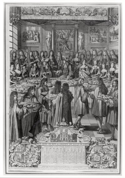 Middag för Ludvig XIV (1638-1715) på Hotel de ville, 30 januari 1687, från årets kalender 1688 av French School