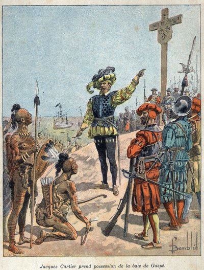 Upptäck Kanada: Jacques Cartier (1491-1557), fransk navigatör och upptäcktsresande tog Gaspebukten i besittning och erige korset den 24 juli av French School