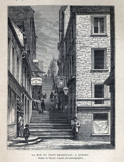 Upptäck Kanada: Rue du Petit Champlain (Petit-Champlain) i Quebec. Teckning av Taylor från ett fotografi. Gravyr från slutet av 1800-talet i "La nouvelle France" av Eugene Guenin. av French School