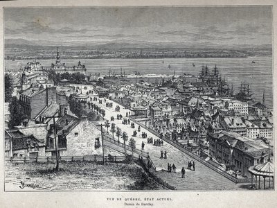 Upptäck Kanada: utsikt över Quebec City i slutet av 1800-talet. Barclay teckning. Gravyr från slutet av 1800-talet i "La nouvelle France" av Eugene Guenin. av French School