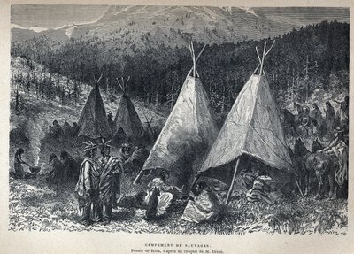 Upptäckt Kanada: American Indian Camp med tipi. Ritning av Riou från en skiss av Dixon. Gravyr från slutet av 1800-talet i "La nouvelle France" av Eugene Guenin. av French School
