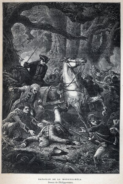 Upptäckte Kanada: Slaget vid Monongahela 1755 under sjuårskriget. Teckning av Philippoteaux. Gravyr från slutet av 1800-talet i "La nouvelle France" av Eugene Guenin. av French School