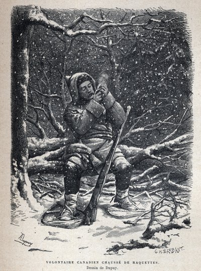 Upptäckte Kanada: Kanadensiska armén frivilliga snöskor. Teckning av Dupuy. Gravyr från slutet av 1800-talet i "La nouvelle France" av Eugene Guenin. av French School