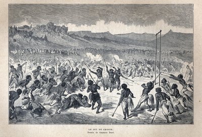 Upptäckt Kanada: Sport. American Indian lacrosse-spelet. Teckning av Gustave Dore. Gravyr från slutet av 1800-talet i "La nouvelle France" av Eugene Guenin. av French School