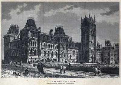 Upptäckte Kanada: Parlamentspalatset i Ottawa. Teckning av Deroy från ett fotografi. Gravyr från slutet av 1800-talet i "La nouvelle France" av Eugene Guenin. av French School