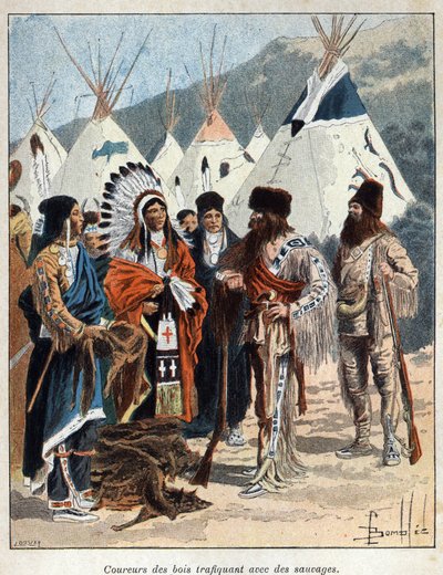 Upptäckte Kanada: coureurs de bois, inblandade i pälshandeln med indianerna i Amerika, handlade med djurskinn på 1600-talet. Gravyr från slutet av 1800-talet i "La nouvelle France" av Eugene Guenin. av French School