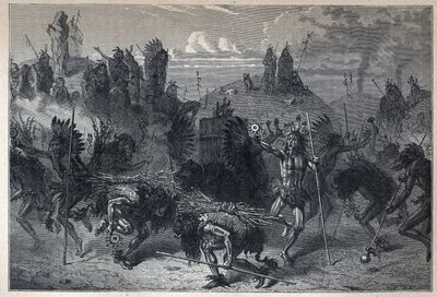 Upptäckte Kanada: bisonens dans i Mondanes. Gravyr från slutet av 1800-talet i "La nouvelle France" av Eugene Guenin. av French School