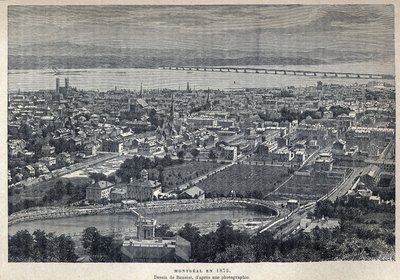 Upptäckte Kanada: utsikt över staden Montreal 1875. Teckning av Benoist efter fotografi. Gravyr från slutet av 1800-talet i "La nouvelle France" av Eugene Guenin. av French School