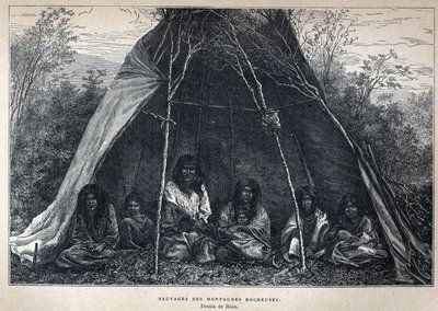 Upptäckt från Kanada: indianer som bor i Klippiga bergen. Gravyr från slutet av 1800-talet i "La nouvelle France" av Eugene Guenin. av French School