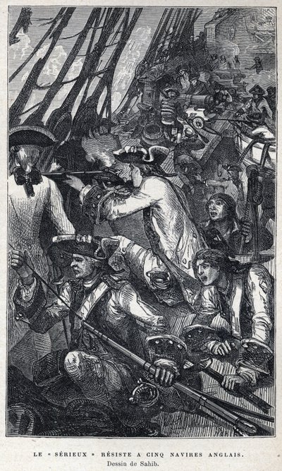 Upptäckt från Kanada: Jacques Pierre de Taffanel de la Jonquiere (1685-1752) fransk sjöofficer i spetsen för det franska fartyget "" Le serieux"" gjorde motstånd mot fem engelska fartyg. Teckning av Sahib. Gravyr från slutet av 1800-talet i ”La nouvelle Fr av French School
