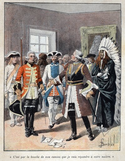 Upptäckt från Kanada: Louis de Buade, greve av Frontenac (1622-1698) som tog emot utsände från den engelske guvernören för kolonin Massachusetts (1651-1695) William Phips och svarade honom "" Det är genom munnen av mina vapen som jag kommer att svara din h av French School