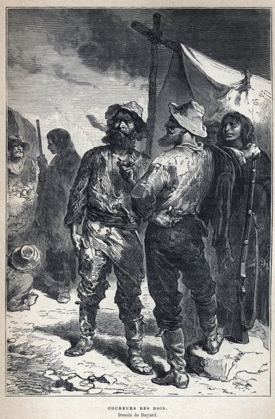 Upptäckt från Kanada: coureur des bois (engagerad i pälshandeln med indianerna). Bayard teckning. Gravyr från slutet av 1800-talet i "La nouvelle France" av Eugene Guenin. av French School