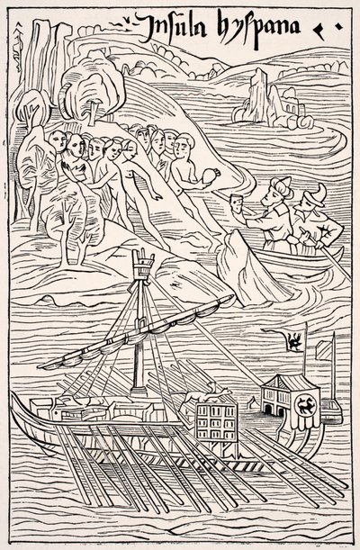 Upptäckten av Santo Domingo, Insula Hyspana, av Christopher Columbus, faksimil av en trägravyr av Epistola Christoferi Colom, från vetenskap och litteratur under medeltiden av Paul Lacroix pub. London 1878 av French School