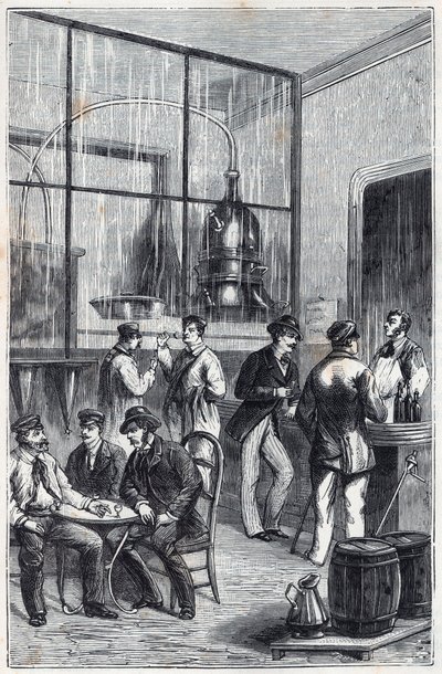 Destillatorbutik i Paris på 1800-talet - Gravyr i "Vetenskapen gjort tillgängliga för alla - fysik och kemi" av Alexis Clerc - Slutet av 1800-talet - Privat samling av French School