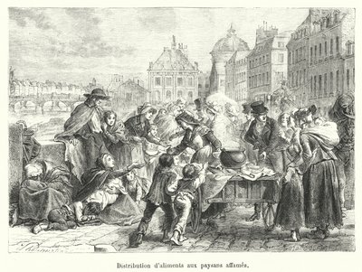 Utdelning av mat till svältande bönder (gravyr) av French School