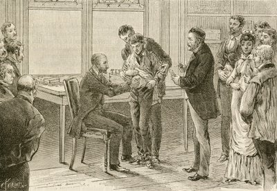 Doktor Pasteur undersöker pojke infekterad med rabies. 1800-talet (gravyr) av French School