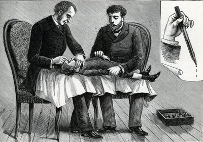 Läkare som undersöker ett barns ögon och injicerar ögondroppar (gravyr) 1888 av French School