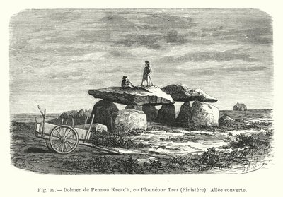 Dolmen av Pennou Kreach, i Plouneour Trez, Finistere, täckt gångväg (gravyr) av French School