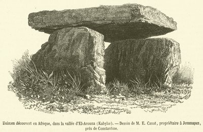 Dolmen upptäckt i Afrika, i dalen El-Arouna, Kabylie (gravyr) av French School