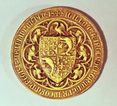 Delfinsäl, Frankrikes sköld, med delfiner och fleur-de-lys, 1376 av French School