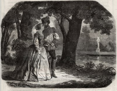 Don Juan diskuterade med Anne av Österrike (1549-1580) hans eventuella förening med prins Don Carlos (1545-1568), son till kung Filip II av Spanien (1527-1598). Gravyr från 1871 i "Histoire Des Cocus Celebres"" av Henry de Kock (1819-1892). av French School