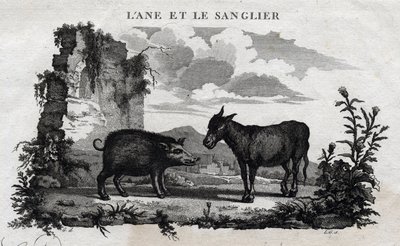 Åsna och galt. Fabel av Esope. (Grekisk författare Esopo eller Ecopus, 600-talet f.Kr.) Skriven av Guillaume Montfort och Gravees av Beauble 1801. av French School