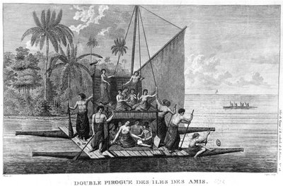 Double Pirogue of the Friendly Islands, illustration från Atlas du Voyage a la recherche de La Perouse, 1792 av French School