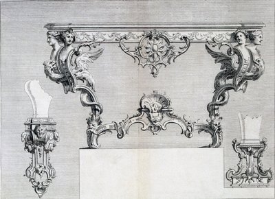 Dubbelgrenad ljusstake med rokoko och klassiska inslag, från en mönsterbok med neoklassiska metalldesigner sammansatta av Duhamel, ca 1770-80-talet av French School