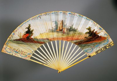 Dubbelbladig handfläkt målad med pastoral scen, elfenben och silverrevben, ca 1760, baksida, Frankrike av French School