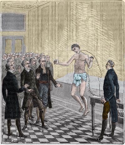 Dr Andrew Ure genomförde voltaiska experiment på kroppen av den avrättade mördaren, Clydesdale, 1818 - Erfarenhet av Andrew Ure (1778-1857) på ett lik - Gravyr i "" Vetenskaper ställda för allas dörr - fysik och kemi"" av Alexis Clerc - Slutet 19:e av French School